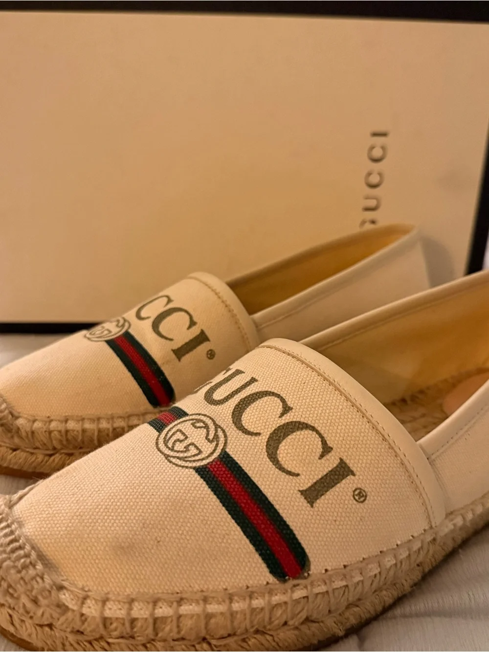 Gucci Beige Canvas Logo Espadrilles with Red-Green Web Stripe